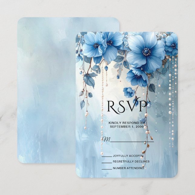 Blue Flowers and Pearls RSVP Card (Vorne/Hinten)