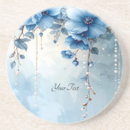 Blue Flowers and Pearls Sandstone Coaster Getränkeuntersetzer
