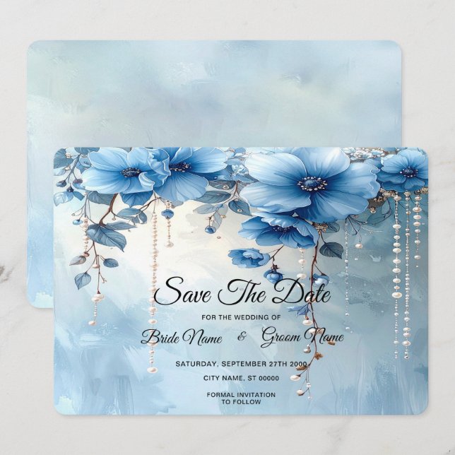 Blue Flowers and Pearls Save The Date (Vorne/Hinten)