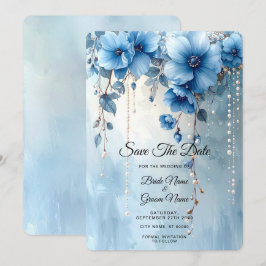 Blue Flowers and Pearls Save the Date