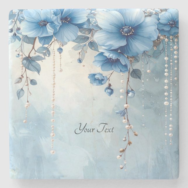 Blue Flowers and Pearls Stone Coaster Steinuntersetzer (Vorderseite)