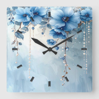 Blue Flowers and Pearls Wall Clock Quadratische Wanduhr