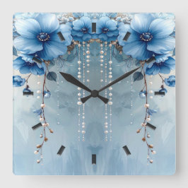 Blue Flowers and Pearls Wall Clock Quadratische Wanduhr