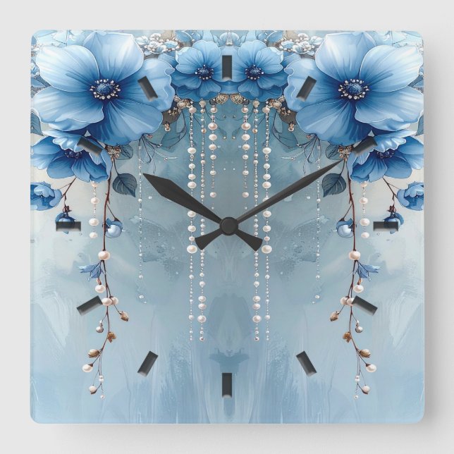 Blue Flowers and Pearls Wall Clock Quadratische Wanduhr (Vorderseite)