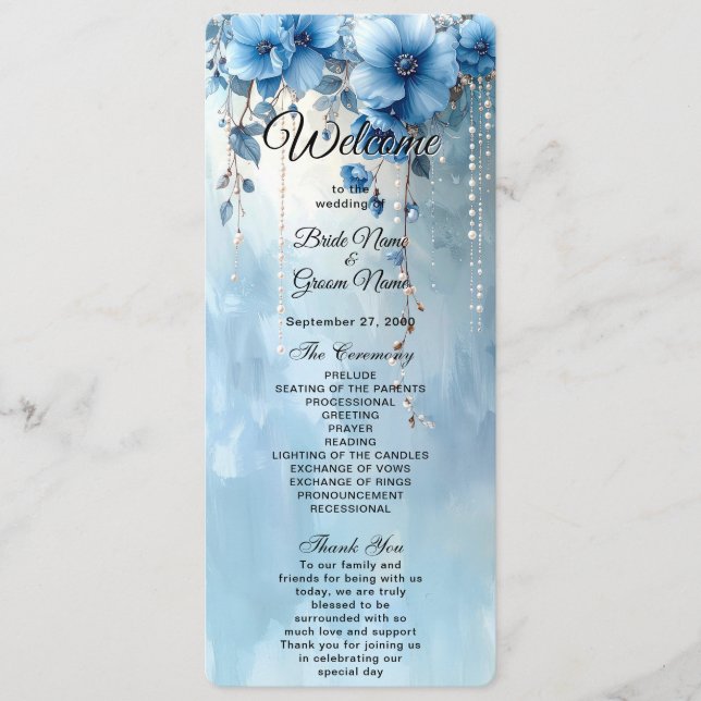 Blue Flowers and Pearls Wedding Program Programm (Vorderseite)