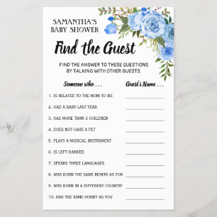 Blue Flowers Finden Sie die Guest Baby Shower Game Flyer