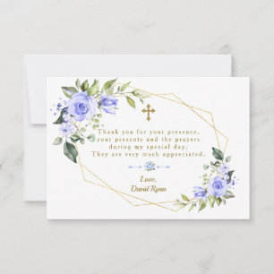 Blue Flowers Gold Frame Cross Boy Taufe Dankeskarte