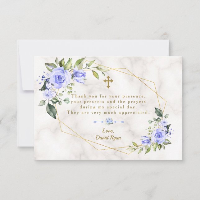 Blue Flowers Gold Frame Cross Marmor Boy Taufe Dankeskarte (Vorderseite)