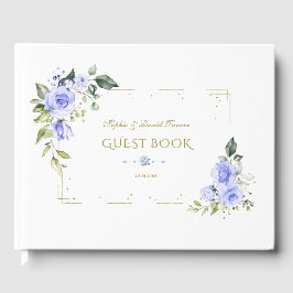 Blue Flowers Gold Glitzer Frame Wedding Gästebuch
