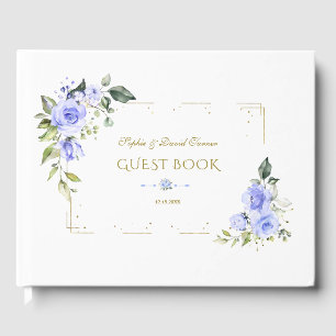 Blue Flowers Gold Glitzer Frame Wedding Gästebuch