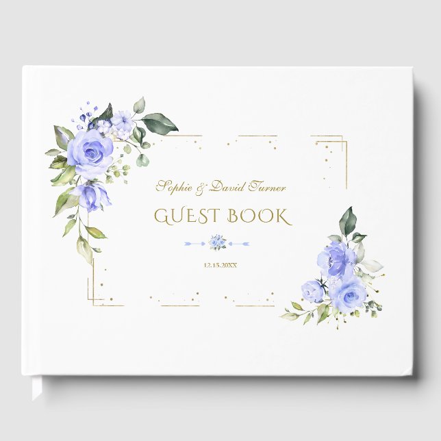 Blue Flowers Gold Glitzer Frame Wedding Gästebuch (Vorderseite)