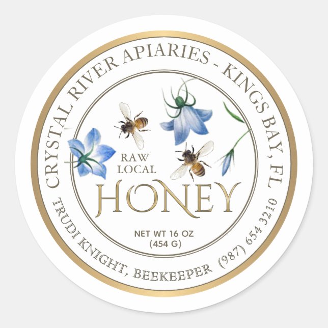 Blue Flowers Honeybee Metallic Gold Border Honey Runder Aufkleber (Vorderseite)