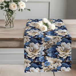 Blue Flowers Ivory Elegant Dining Table Runner Großer Tischläufer