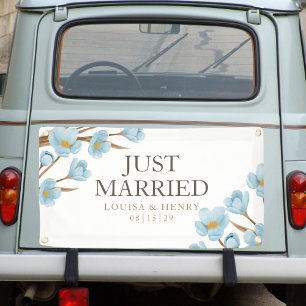 Blue Flowers Just Married Car Banner
