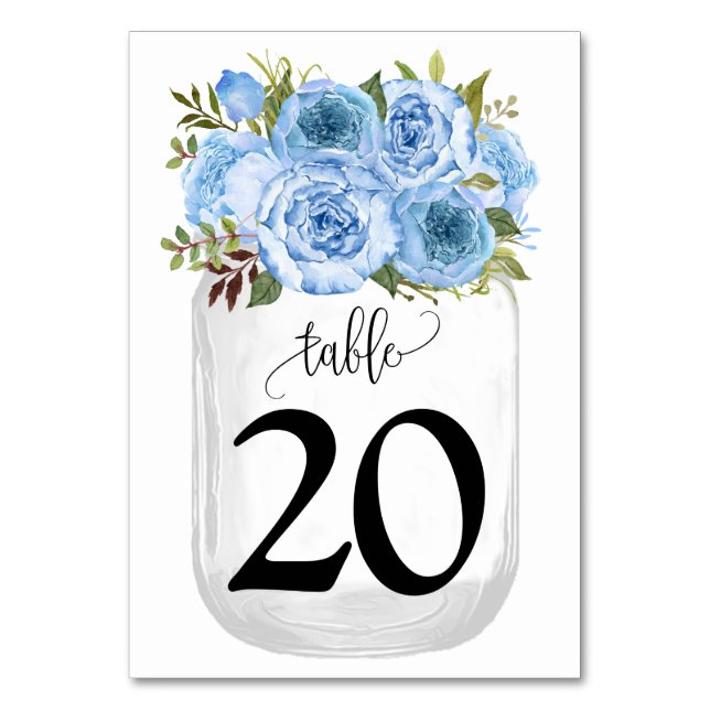 Blue Flowers Mason Jar Country Wedding Tischnummer (Vorderseite)