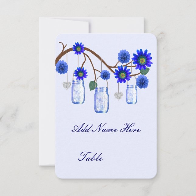 Blue Flowers Mason Jars Table Platzkarte (Vorderseite)