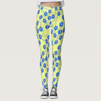 Blue Flowers on Yellow Leggings