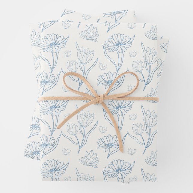 Blue flowers outline drawing in ink  geschenkpapier set (Beispiel)