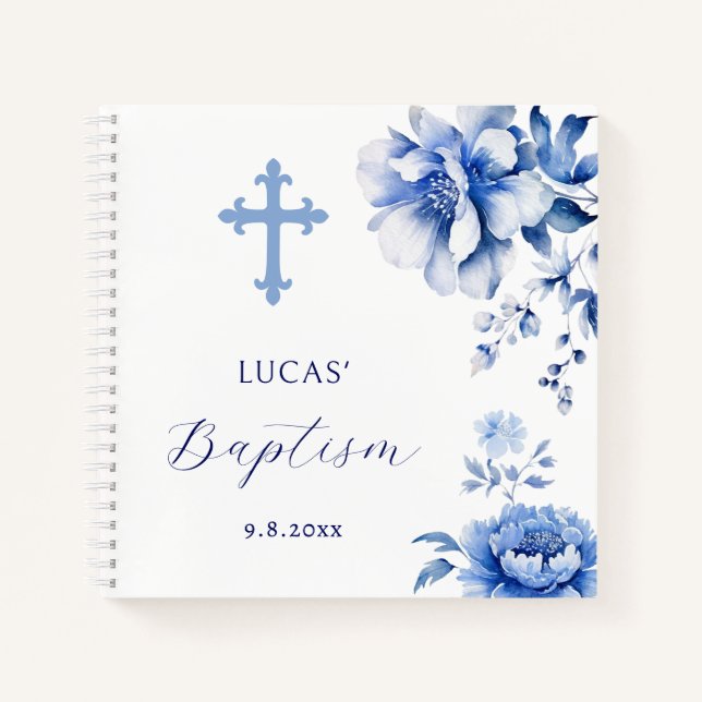 Blue Flowers Taufen Gästebuch Notizbuch (Vorderseite)