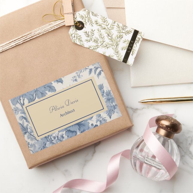 Blue Flowers Toile de Jouy Ihr Name Rechteckiger Aufkleber (Schenken)