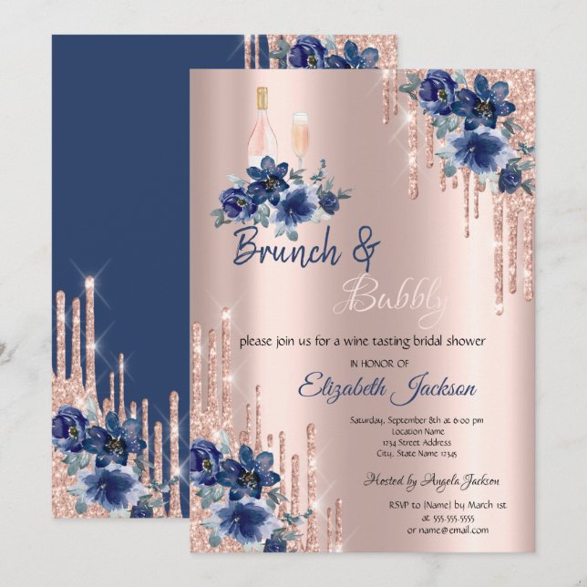 Blue Flowers Tropfen Brunch & Bubbly Brautparty Einladung (Vorne/Hinten)