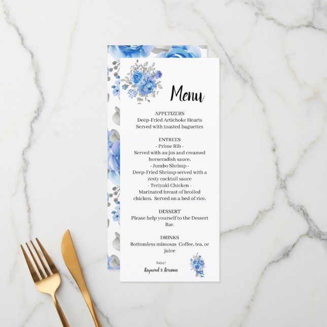 Blue Flowers Wedding Brautparty Menu Menükarte (Vorderseite/Rückseite Beispiel)