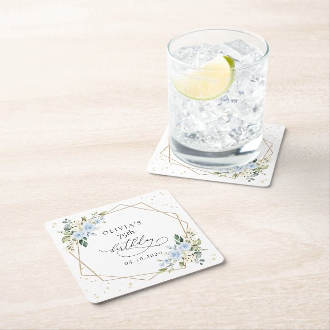 Blue Flowers, White Flowers, Greenery, Birthday Rechteckiger Pappuntersetzer (Vor Ort)