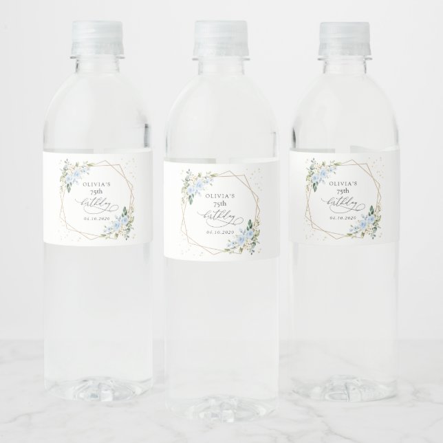 Blue Flowers, White Flowers, Greenery, Birthday Wasserflaschenetikett (Flaschen)