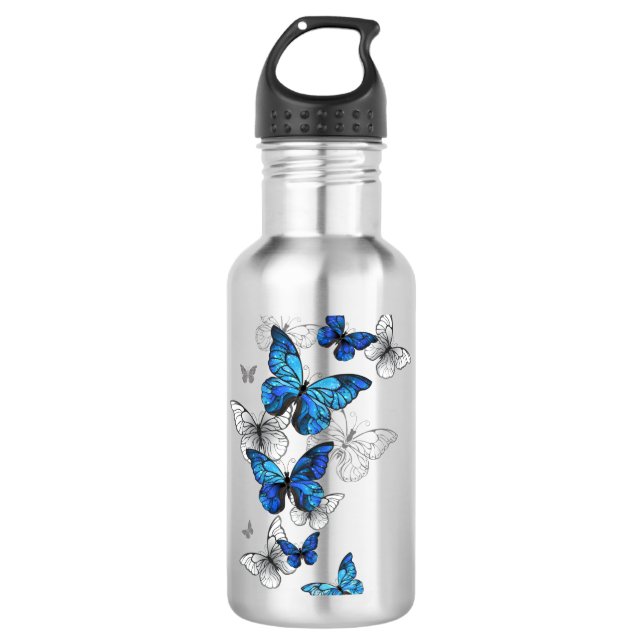 Blue Flying Butterflies Morpho Edelstahlflasche (Vorderseite)