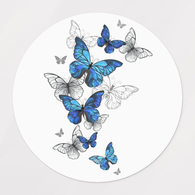 Blue Flying Butterflies Morpho Etiketten (Design 1)