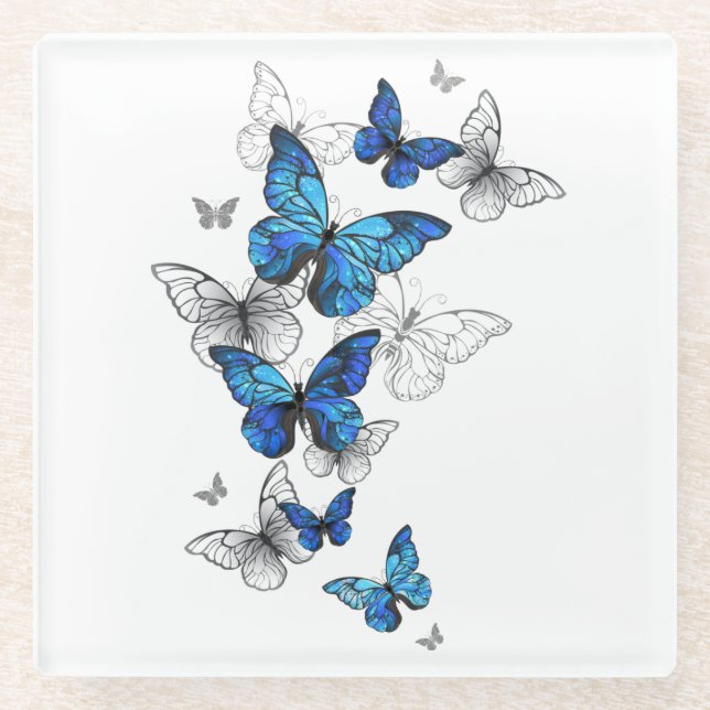 Blue Flying Butterflies Morpho Glasuntersetzer (Vorderseite)