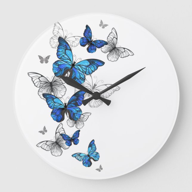 Blue Flying Butterflies Morpho Große Wanduhr (Vorderseite)