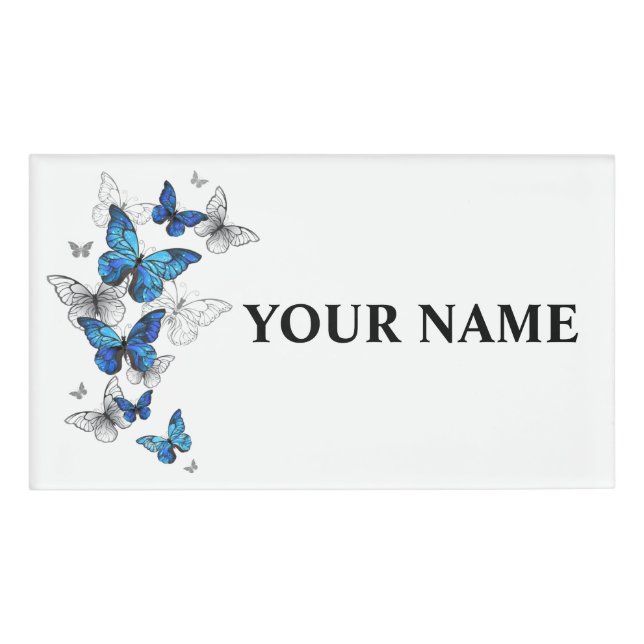 Blue Flying Butterflies Morpho Namenschild (Vorderseite)