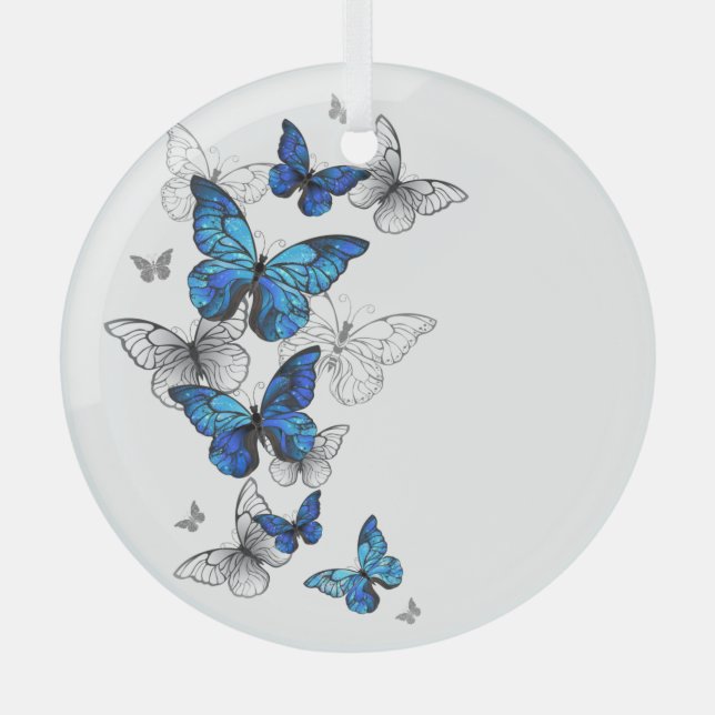 Blue Flying Butterflies Morpho Ornament Aus Glas (Vorderseite)