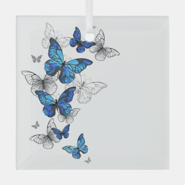 Blue Flying Butterflies Morpho Ornament Aus Glas (Vorderseite)