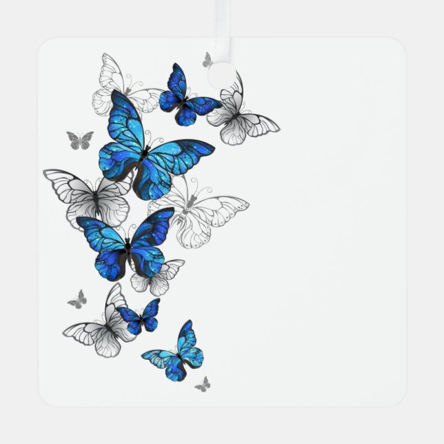 Blue Flying Butterflies Morpho Ornament Aus Metall (Vorderseite)