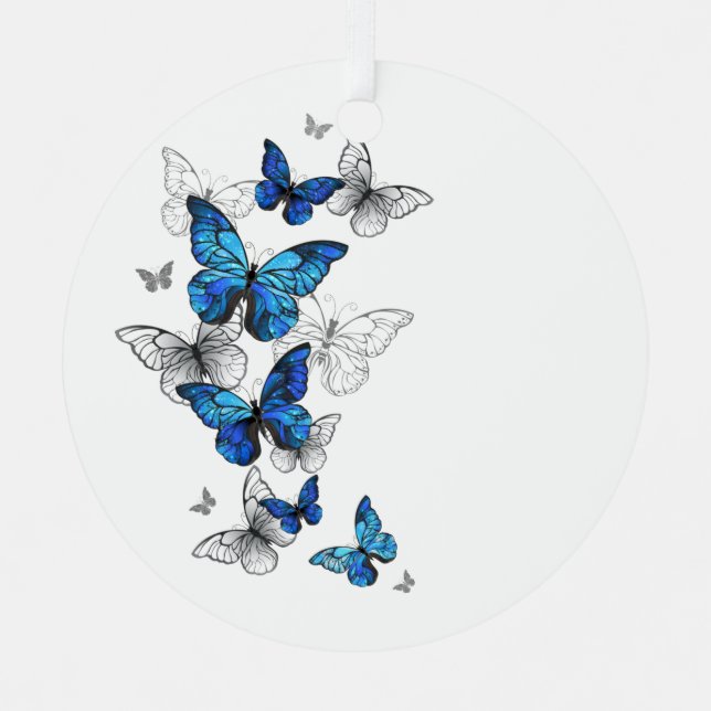 Blue Flying Butterflies Morpho Ornament Aus Metall (Vorderseite)