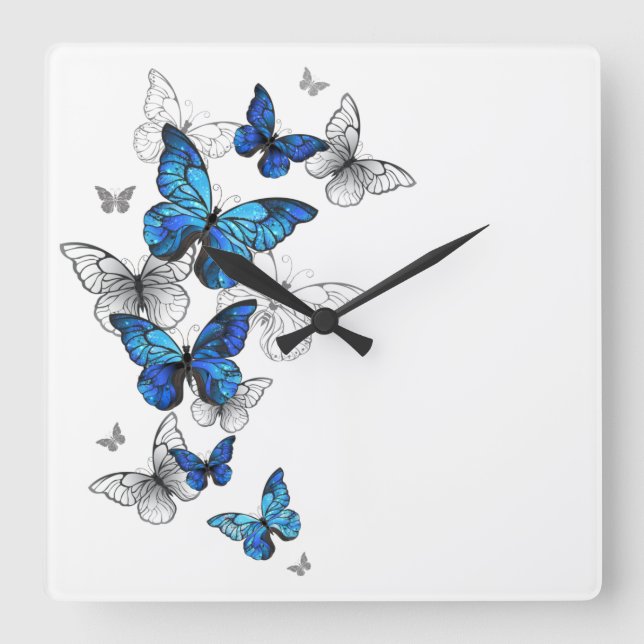 Blue Flying Butterflies Morpho Quadratische Wanduhr (Vorderseite)