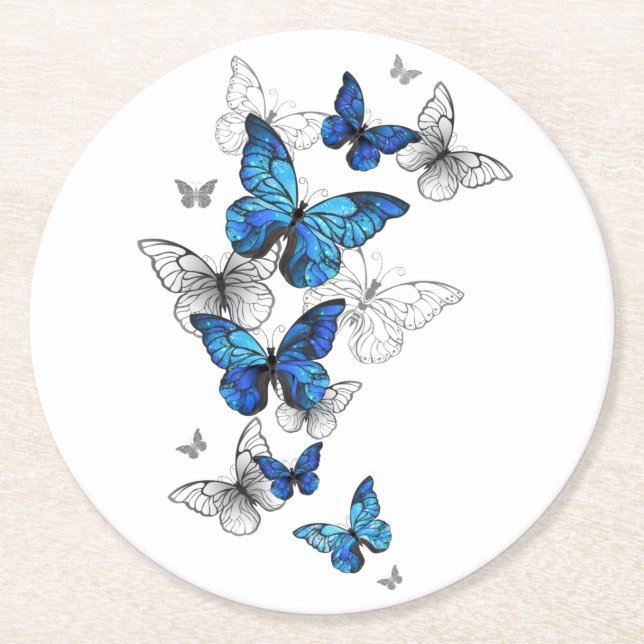 Blue Flying Butterflies Morpho Runder Pappuntersetzer (Vorderseite)
