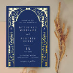 Blue Foil Art Nouveau Arch Foil Folieneinladung<br><div class="desc">Eine schöne und formelle Hochzeitseinladung mit Goldfolienelementen und Monogramm-Initialen. Ideal für eine klassische Hochzeit mit einer modernen Deko-Drehung. Die Details der Goldfolie schaffen eine Blüte von Blume und Blattwerk mit einem Vintagen Stil.</div>