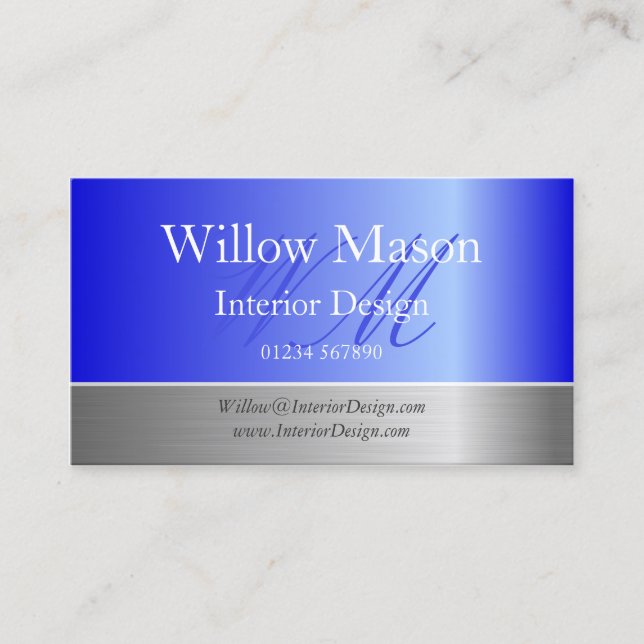 Blue Foil & Brushed Steel Monogram Business Card Visitenkarte (Vorderseite)