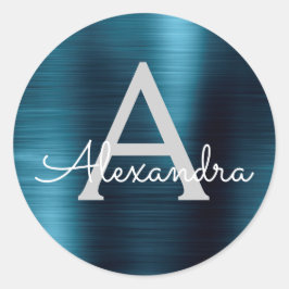 Blue Foil Girly Metallic Mit Monogramm Wedding Runder Aufkleber