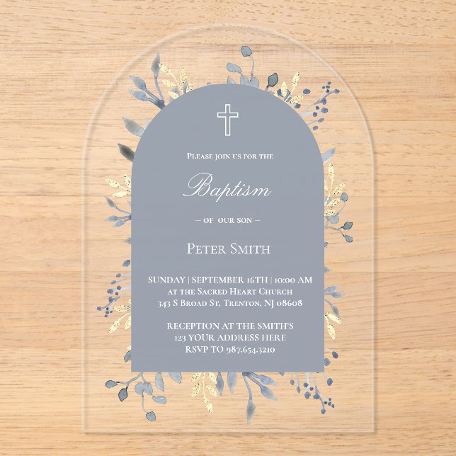 blue foliage Baptism Acrylic Invitation Acryleinladungen (Vorderseite)