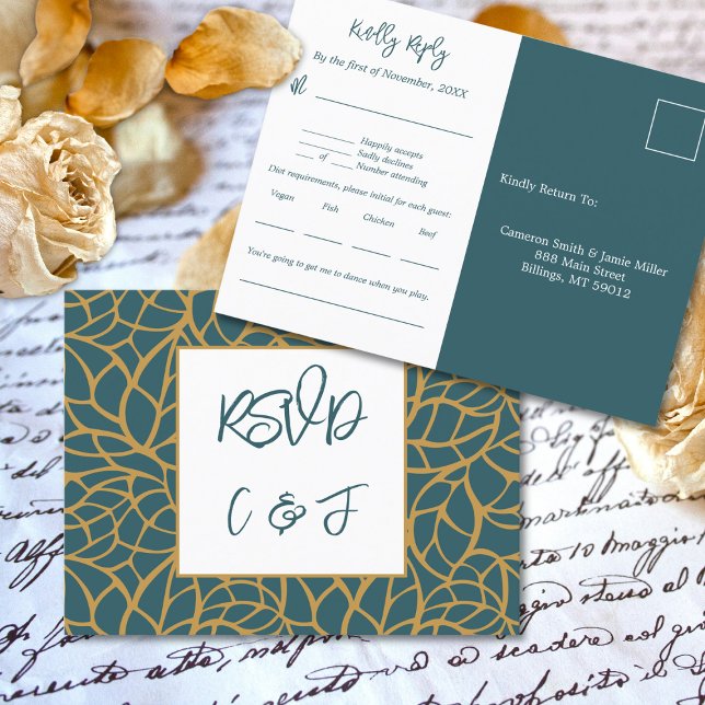 Blue Foliage Muster Wedding Menu Music RSVP Card Postkarte (Blue Foliage Pattern Wedding Menu Music RSVP Card)
