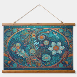 Blue Folk Art und Boho Wall Hanging Wandteppich Mit Holzrahmen