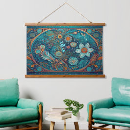 Blue Folk Art und Boho Wall Hanging Wandteppich Mit Holzrahmen