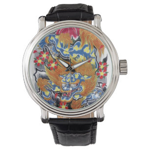 Blue Foo Hund Japanisch Tattoo Design Armbanduhr