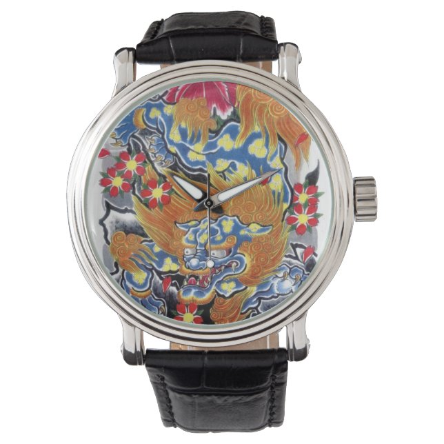 Blue Foo Hund Japanisch Tattoo Design Armbanduhr (Vorderseite)