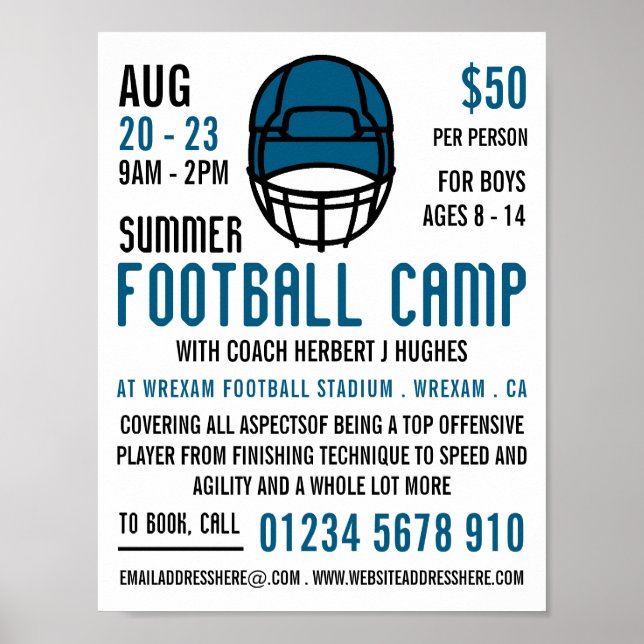 Blue Football Helmet, Football Camp Werbung Poster (Vorne)
