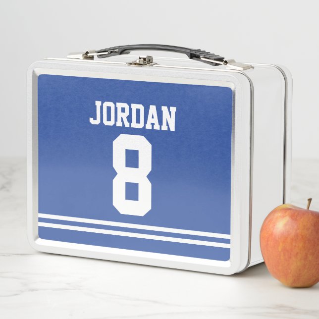 Blue Football Jersey mit Individuelle Name und Anz Metall Brotdose (Beispiel)